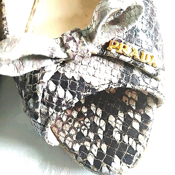 PRADA PYTHON SNAKESKIN LEATHER TAN BROWN LOGO CORK WEDGE HEELS PUMPS 8.5 - Picture 7 of 14